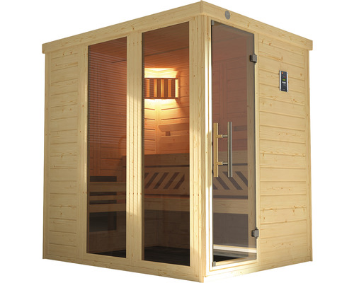 Sauna avec porte en verre et revêtement en bois