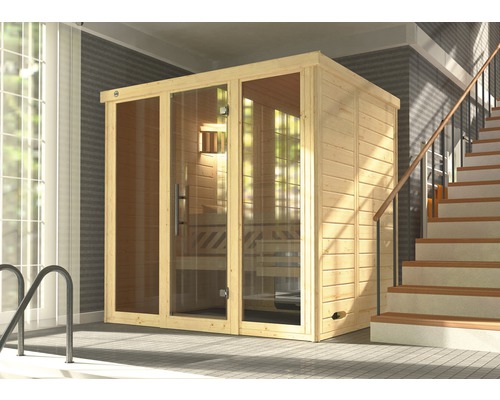 Sauna en bois massif Weka Kemi Panorama taille 2 avec poêle 7,5 kW et commande numérique, avec fenêtre et porte entièrement vitrée couleur graphite