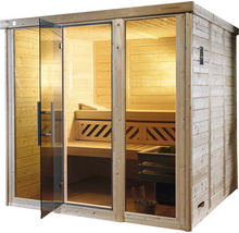 Massivholzsauna Weka Kemi Panorama Gr.3 inkl. 7,5 kW Bio Ofen u.digitaler Sterung mit Fenster und graphitfarbeneer Ganzglastüre