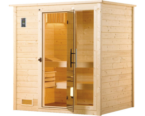 Sauna aus Holz mit Glastür und Steuerungselement