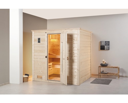 Sauna en bois massif Weka Bergen HT taille 1.8 avec poêle bio 7,5 kW et commande numérique, sans fenêtre avec porte en bois et verre isolant thermiquement