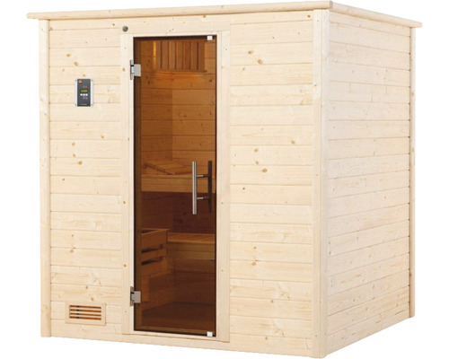 Sauna en bois avec porte en verre et panneau de commande
