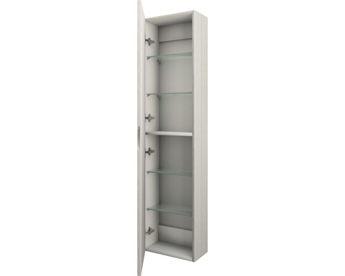 Armoire de toilette ouverte avec étagères en verre.