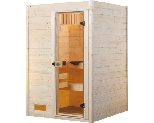 Sauna mit Glastür und Holzverkleidung für den Innenbereich