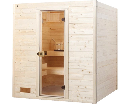 Sauna aus Holz mit Glastür