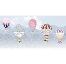 Illustration avec des animaux en montgolfière sur fond floral