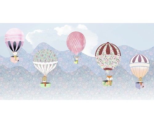 Papier peint panoramique intissé P038-VD5 Happy Balloon 5 pces 500 x 250 cm Illustration avec des animaux en montgolfière sur fond floral