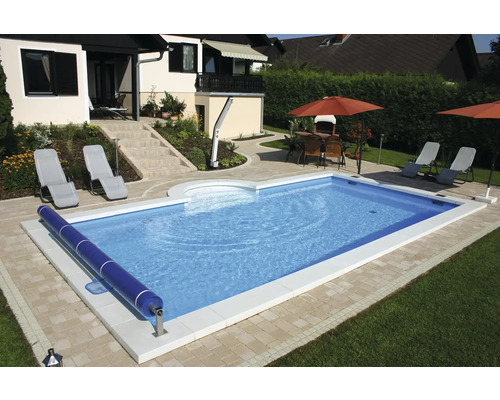 Ensemble de piscine enterrée en polystyrène Planet Pool Plus P25 600x300x150 cm avec skimmer, intissé de protection du sol, kit de tuyaux et escalier romain