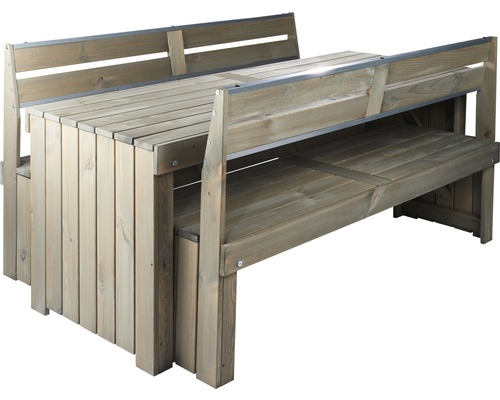 Holz Gartentisch mit integrierten Sitzbänken