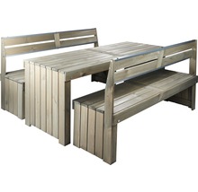 Gartentischgruppe aus Holz mit zwei Bänken