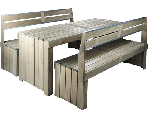 Gartentischgruppe aus Holz mit zwei Bänken