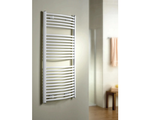 Radiateur de salle de bains SCHULTE München rond 1215x600 mm blanc raccordement des deux côtés en bas Sèche-serviettes mural dans une salle de bains