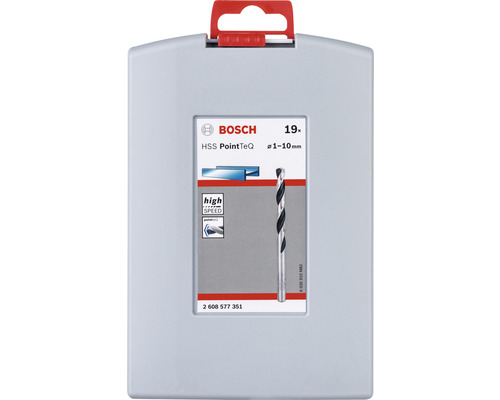 Logo Bosch. Jeu de forets HSS PointTeQ, 19 pièces, diamètre 1 à 10 millimètres.