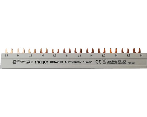 Hager KDN451D Phasenschiene 3-polig + N mit Gabelanschluss 16mm² 80A 12 Module