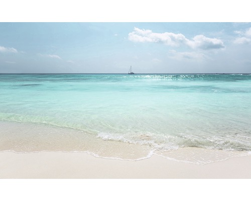 Papier peint panoramique intissé PSH097-VD4 Pure Azur Ocean 4 pces 400 x 250 cm Plage de sable et eau turquoise avec voilier au loin