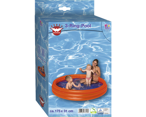 Verpackung eines Planschbeckens mit drei Ringen und den Maßen circa 175 mal 31 Zentimeter
