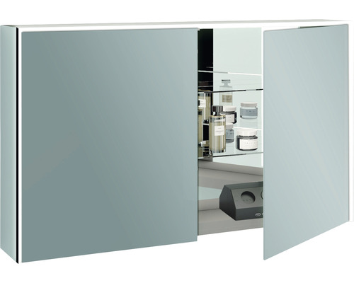 Armoire de toilette avec portes ouvertes et étagères pour ranger les produits cosmétiques