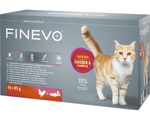 Pâtée pour chats Hair&Skin FINEVO poulet avec huile de saumon 16x85 g