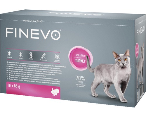 Pâtée pour chats FINEVO Sensitive Cat dinde pur 16x85 g, monoprotéine, Singleprotein