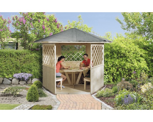 Pavillon weka mit Fußboden, Tisch und Sitzgelegenheit 223 x 257 cm natur