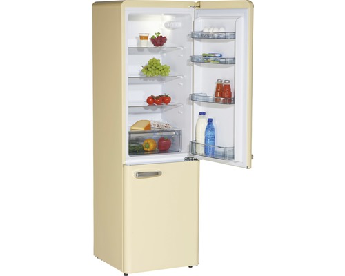 Geöffneter Kühlschrank im Retrodesign mit Lebensmitteln