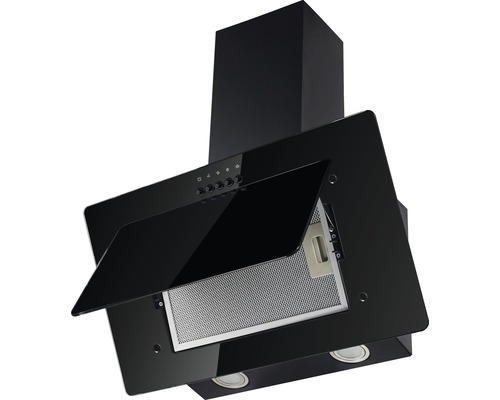 Hotte aspirante noire avec panneau avant ouvert et filtre métallique