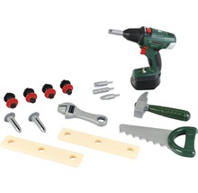 Set d''outils jouets avec perceuse, clé à molette, marteau, scie, vis, clous et pièces de bois
