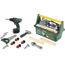 Boîte à outils Bosch avec des outils jouets tels qu''un marteau, une scie, une clé à molette et une perceuse