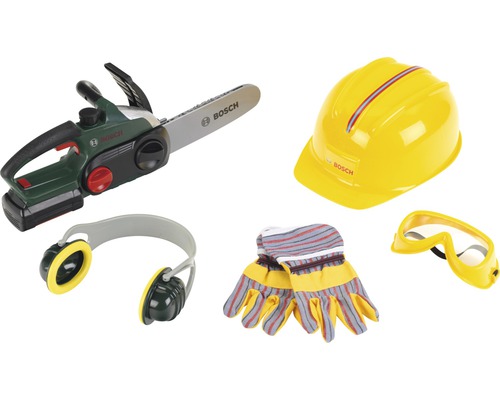 Bosch Kinder Werkzeug Set mit Spielzeug Kettensäge, Schutzhelm, Schutzbrille, Handschuhen und Kopfhörern
