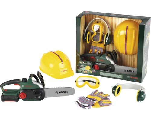 Tronçonneuse pour enfants Theo Klein Bosch avec accessoires Ensemble d''outils pour enfants Bosch avec tronçonneuse jouet, casque de sécurité, lunettes de protection, gants et protection auditive