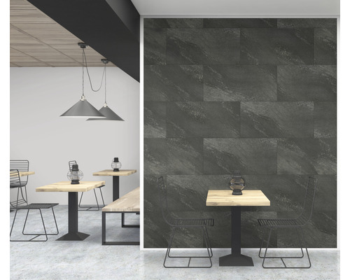 Kunststoffpaneel GX Wall+ Dark Stone 5x450x900 mm Innenraum mit Esstischen und Wandfliesen
