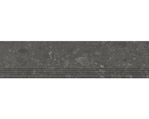 Carrelage de marches en grès cérame fin Donau graphite 30x120 cm Marche d''escalier gris foncé avec motif de pierre et rainures pour l''extérieur