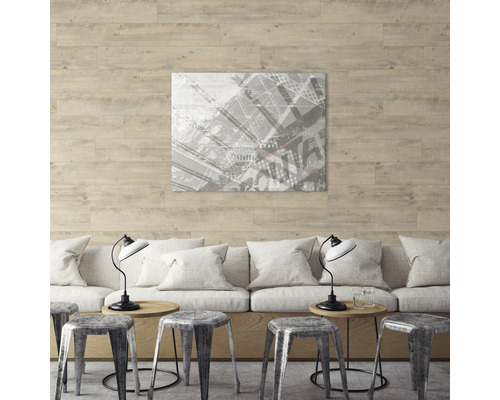 Kunststoffpaneel G x Wall+ Hammam 1200 x 170 x 5 mm Heller Wohnraum mit Sitzgelegenheit, Wandpaneelen in Holzoptik und Kunstwerk