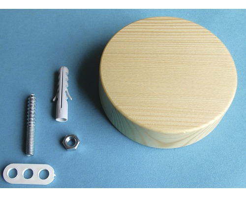 Holzknopf mit Schraube, Dübel, Mutter und Montageplatte