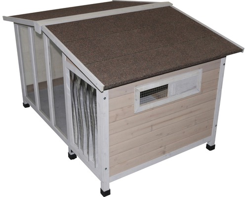 Hundehütte aus Holz mit Dach und Fenster