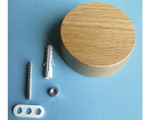 Montagematerial mit Schraube, Dübel, Mutter und Montageplatte neben einem runden Holzelement