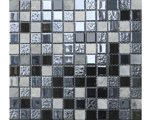 Mosaïque de verre avec pierre naturelle noir 30,5x32,5cm Mosaïque avec motif carré en pierre et verre