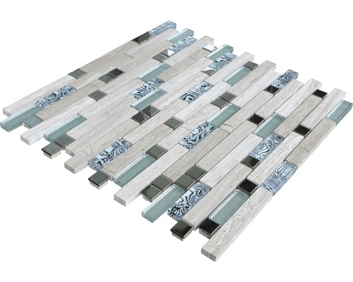 Mosaikfliese mit Holzstruktur, Glas- und Spiegelakzenten