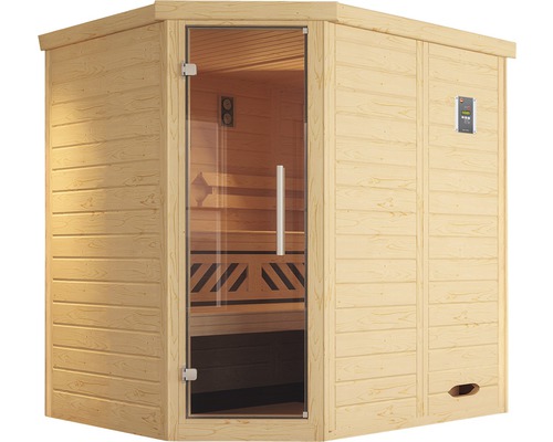 Sauna en bois avec porte en verre et panneau de commande numérique