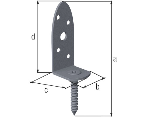 Winkelverbinder mit Schraube und Abmessungen a, b, c und d