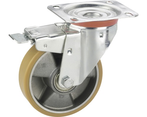 Roulette d’appareil de transport Tarrox blocable avec jante aluminium et surface de roulement PU jusqu’à 220 kg. 125x35 mm, taille de la plaque 100x85 mm