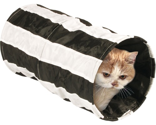 Tunnel de jeux à froissement Feline Cruiser Outdoor 50 cm, noir et blanc Chat dans un tunnel de jeu rayé pour chats