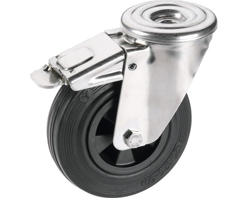 Roulette pivotante Tarrox blocable V2A 80x30 mm avec pneus pleins en caoutchouc jusqu’à 40 kg