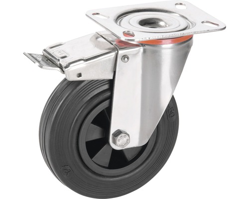 Roulette pivotante Tarrox blocable 100x30 mm avec pneus pleins en caoutchouc jusqu’à 60 kg, taille de la plaque 100x85 mm