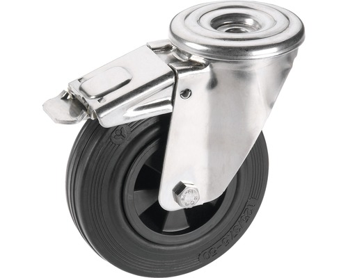 Roulette pivotante Tarrox blocable V2A 100x30 mm avec pneus pleins en caoutchouc jusqu’à 60 kg