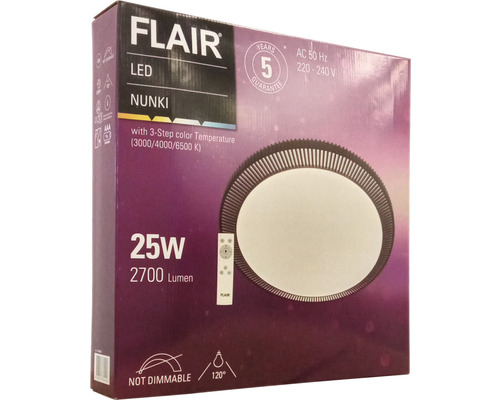 Verpackung einer Flair LED Deckenleuchte Nunki mit 25 Watt Leistung