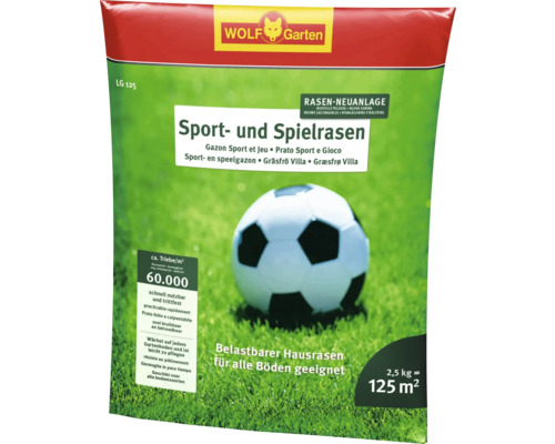 Rasensamen WOLF-Garten Sport- und Spielrasen LG 2,5 kg 125 m² Wolf Garten Sport- und Spielrasen-Samenpackung für strapazierfähigen Rasen