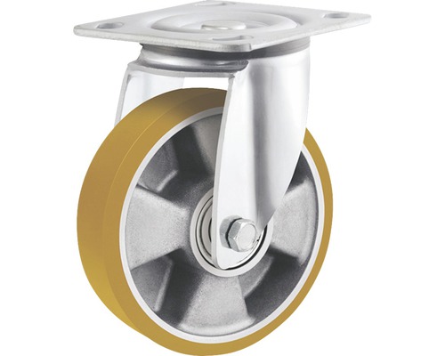 Roulette pivotante pour charges lourdes Tarrox 125x50 mm avec jante alu et surface de roulement PU jusqu’à 450 kg, dimensions du plateau 100x85 mm