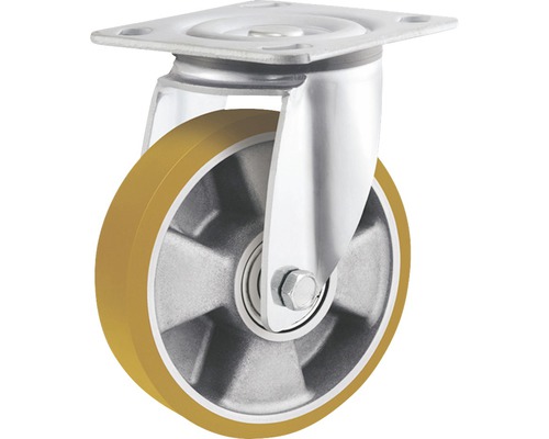 Roulette pivotante pour charges lourdes Tarrox ECO 160x50 mm avec jante alu et surface de roulement PU jusqu’à 550 kg, dimensions du plateau 100x85 mm
