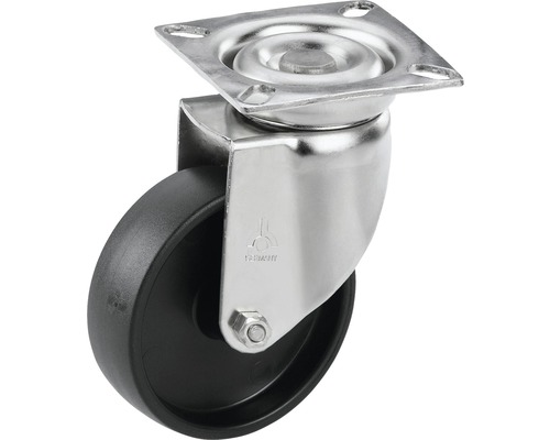 Roulette pivotante pour appareils Tarrox en acier inoxydable jusqu’à 60 kg, 75x25 mm, dimensions du plateau 60x60 mm